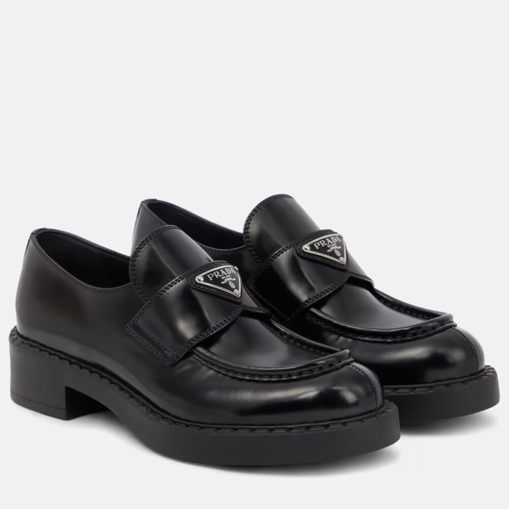 PRADA Triangle Logo Leather Platform Loafers Drivers Flat Shoes Black